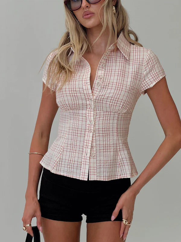 Fitted Check Button-Up Blouse