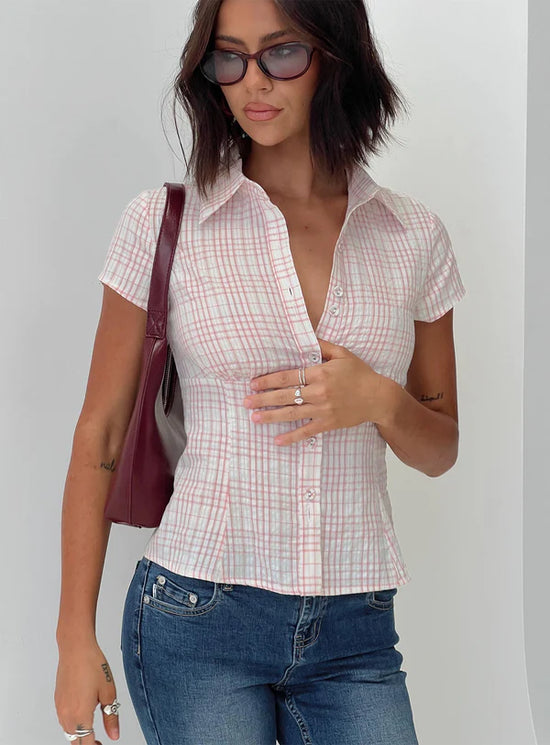 Fitted Check Button-Up Blouse