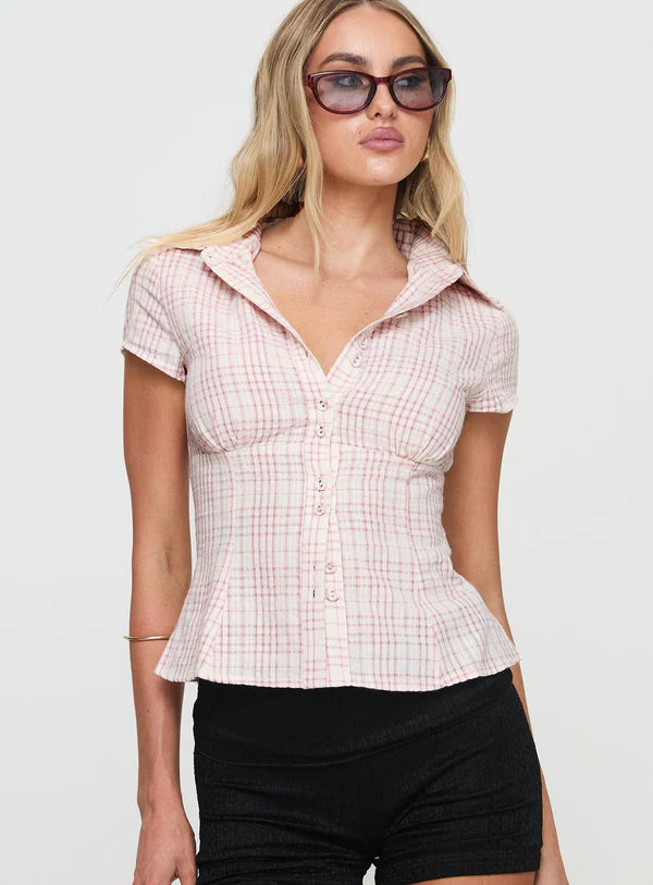 Fitted Check Button-Up Blouse