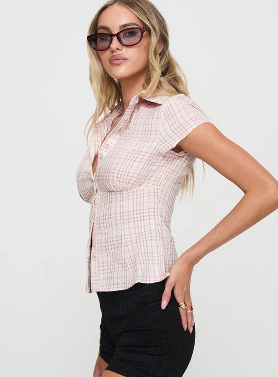 Fitted Check Button-Up Blouse