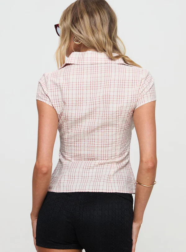 Fitted Check Button-Up Blouse